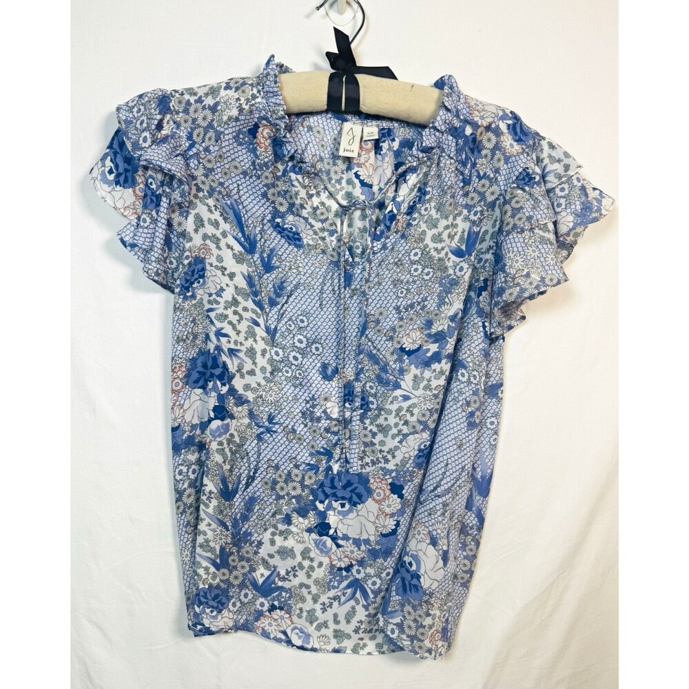 Joie Women’s Blue/White Floral Ruffle V-Neck Button Chiffon Blouse S
